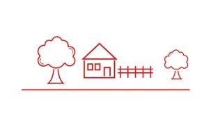 Ikon for Landzone - ikonet viser træer, et hus og et stakit - rød stregtegning Ikon for Landzone - ikonet viser træer, et hus og et stakit - rød stregtegning