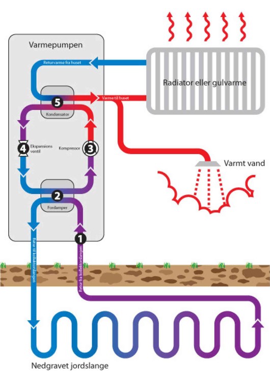 Skitsen viser, hvordan jordvarme fungerer